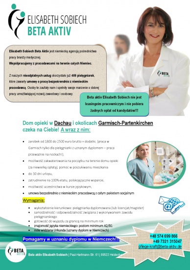 Praca dla pielegniarki w domu seniora na Bawarii